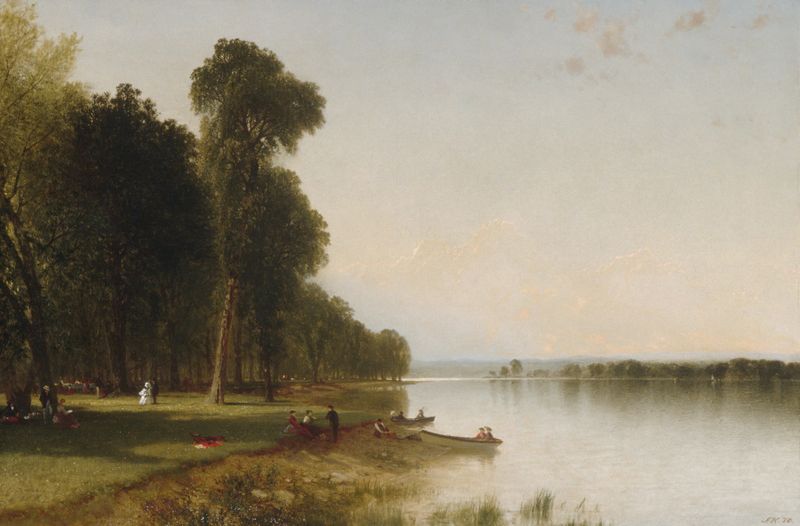 Summer Day on Conesus Lake de John Frederick Kensett, óleo de un sereno paisaje lacustre.