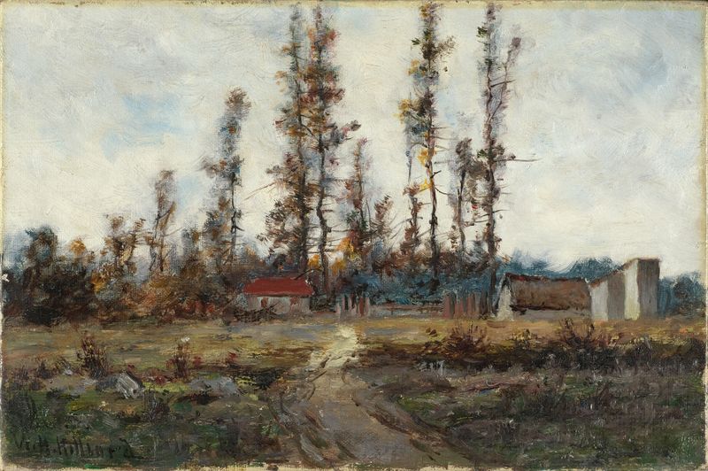 Landscape near Barbizon, France by William Henry Hilliard, impressionism, depicting trees and horizon.