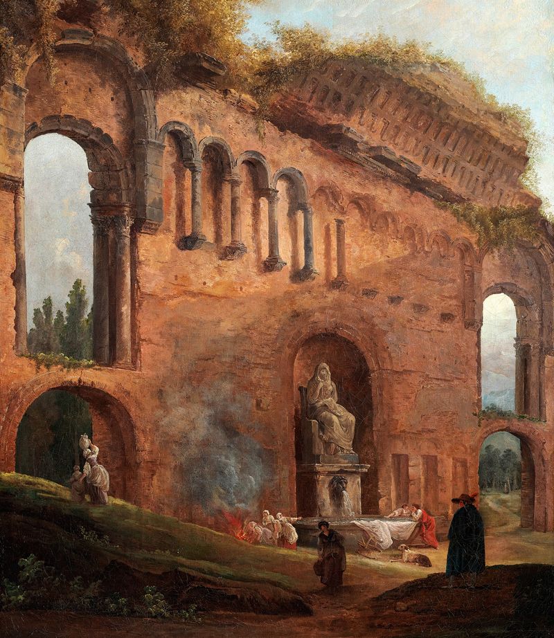 Ruinas romanas con lavanderas, pintura al óleo de Hubert Robert