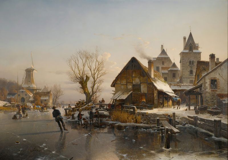 Skaters On The Canal de Johannes Bertholomäus Duntze, pintura al óleo que muestra patinadores en un canal helado.