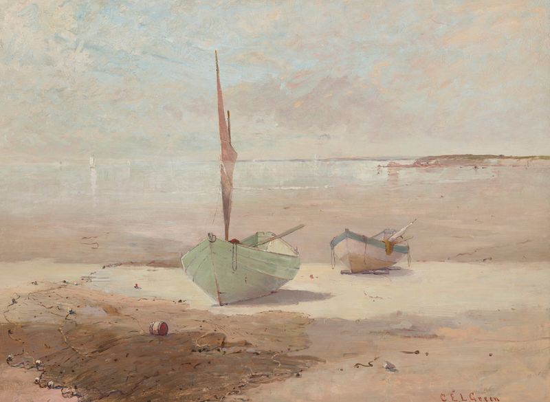 Two sailboats on a sandy shore, oil on canvas by Charles Edwin Lewis Green