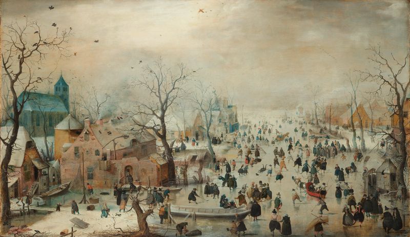 Winter landscape with ice skaters, oil on panel by Hendrick Avercamp