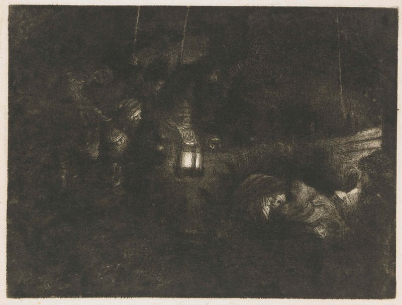 Etching by Rembrandt van Rijn depicting shepherds around an infant in a stable illuminated by candlelight.