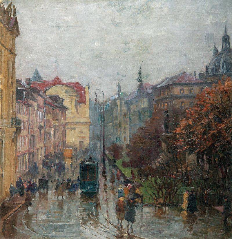 Genre scene depicting rain and pedestrians with umbrellas, oil painting by Charles Vetter