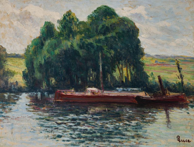 Rolleboise, La Seine by Maximilien Luce, oil on canvas depicting a tranquil river landscape.