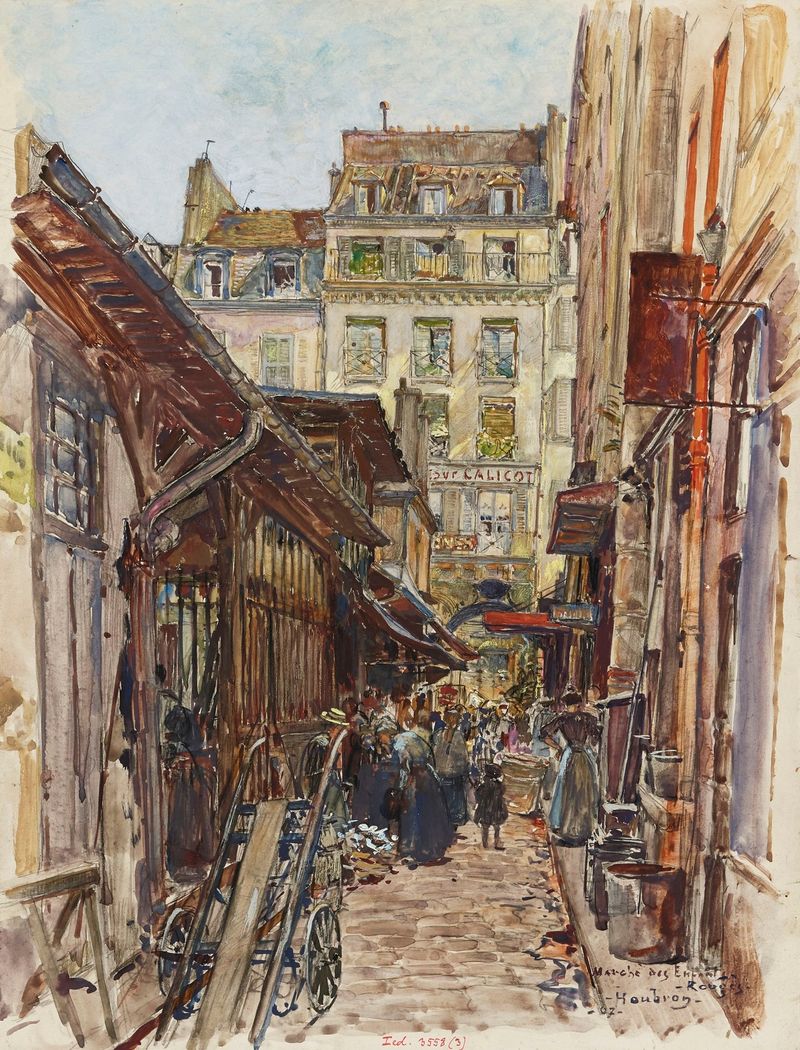 Pintura al óleo de Frédéric Houbron que muestra una animada escena de mercado en París.