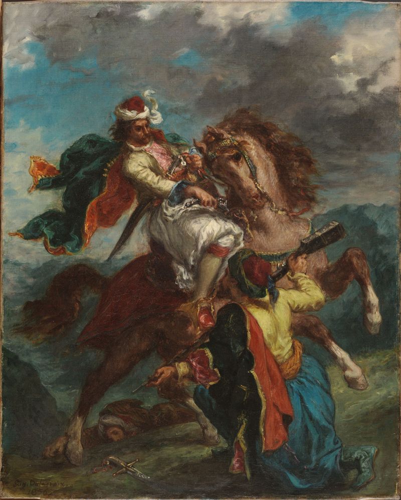 Historical oil painting by Ferdinand-Victor-Eugène Delacroix of a Turk surrendering to a Greek horseman.