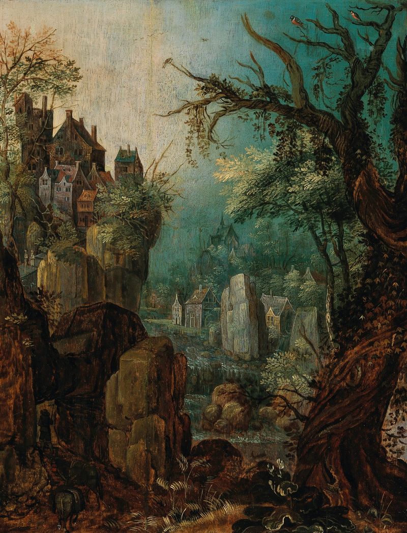 A mountainous river landscape with a peasant leading two donkeys, oil painting by Roelant Savery.