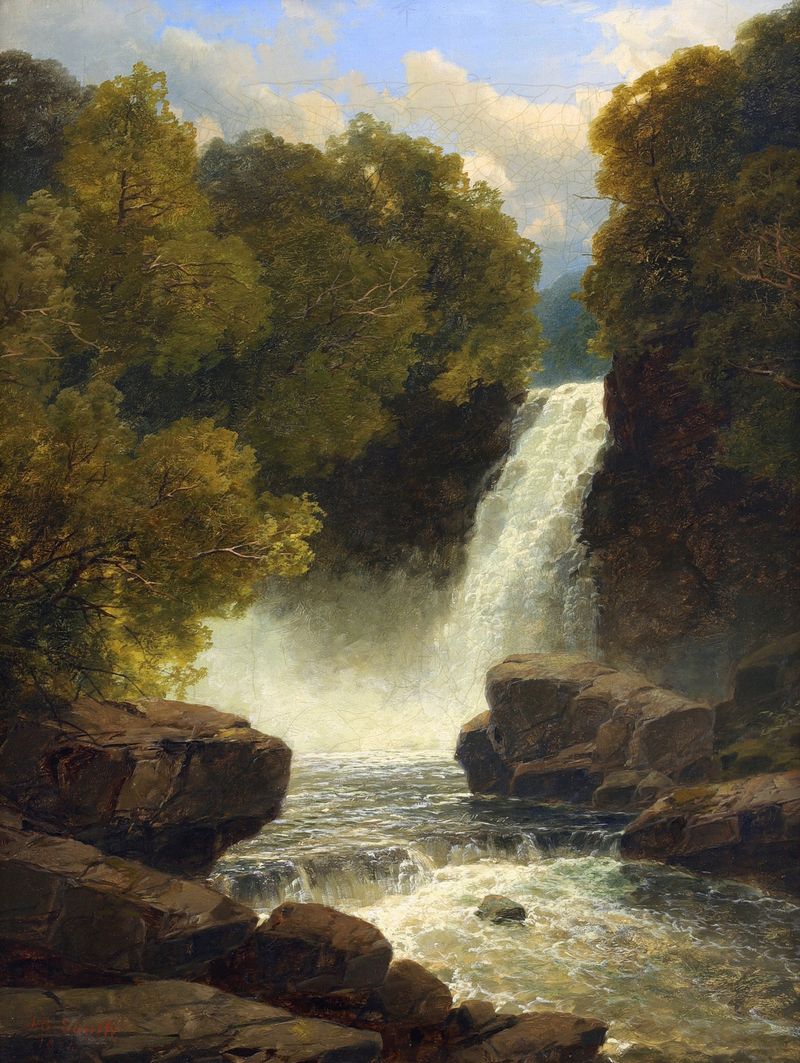 Melincourt Falls, Wales by John Brandon Smith, oil on canvas depicting a waterfall and lush forest.
