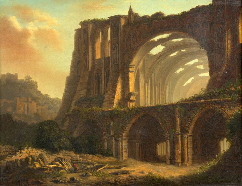 Ruinas de arquitectura gótica con nubes, pintura al óleo de Fleury Epinat