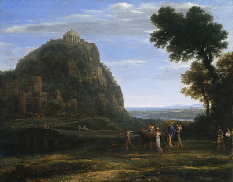 Cena histórica de uma procissão em um vale com penhascos, pintura a óleo de Claude Lorrain