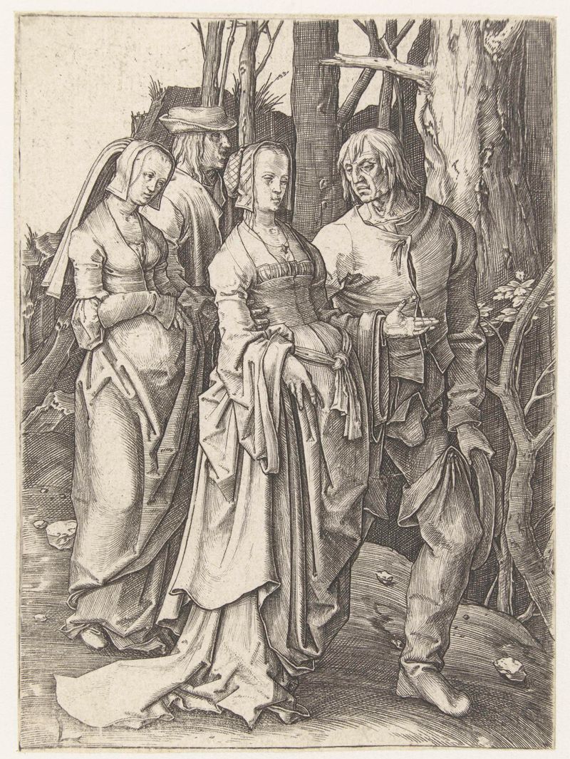 Gravura de Lucas van Leyden mostrando casais se abraçando em uma floresta