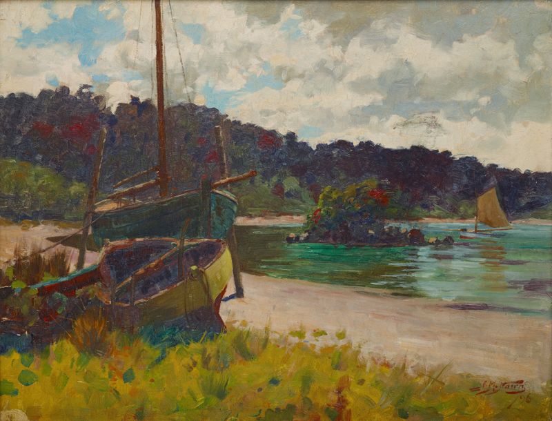 Half Moon Bay, Stewart Island by James Nair, oil on canvas depicting a serene coastal scene