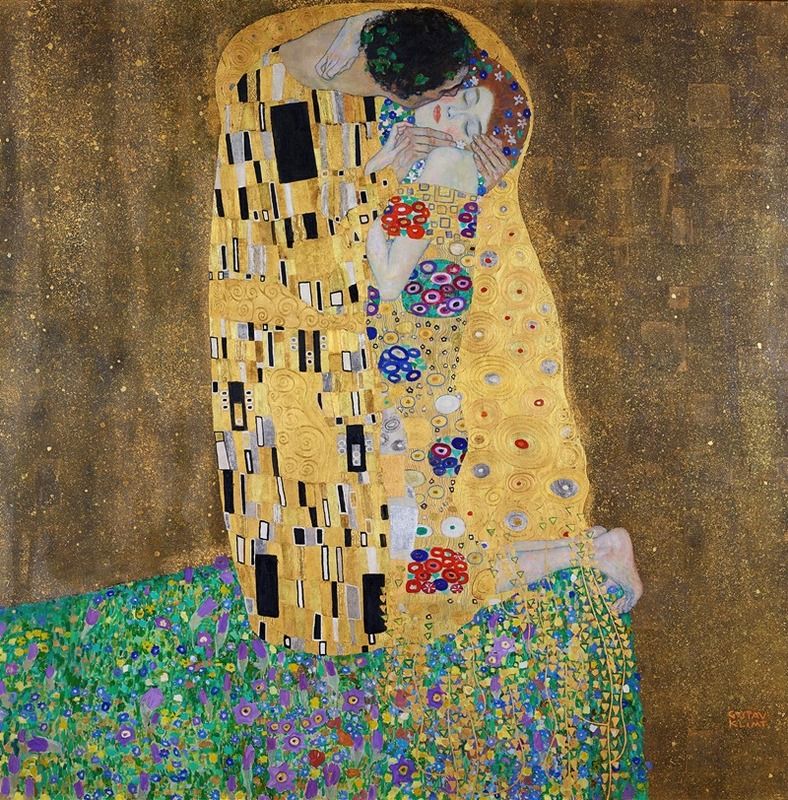 The Kiss by Gustav Klimt, oil painting of a couple embracing with intricate gold patterns.