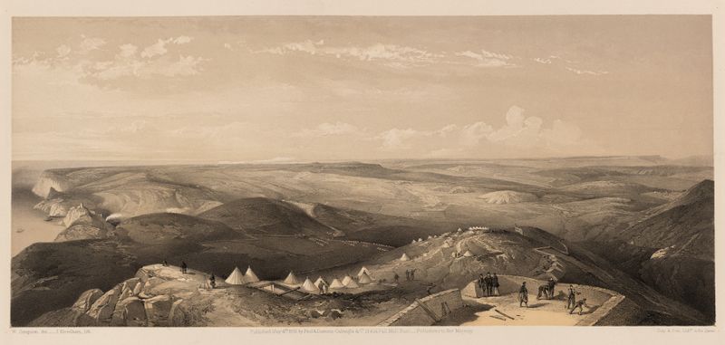 Aquarela de William Simpson retratando colinas e Sebastopol em tons suaves.