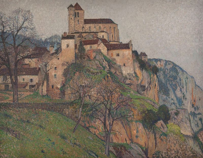 Landscape of Saint-Cirq-Lapopie by Henri Martin, oil on canvas, featuring a village by a river.