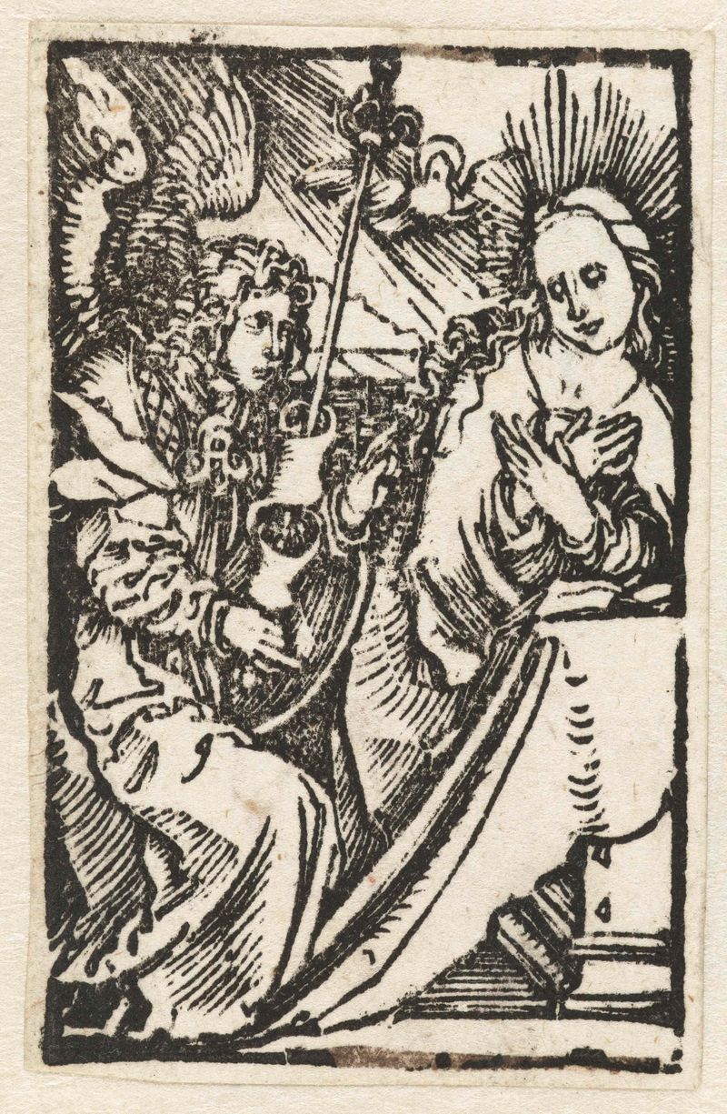 Annunciatie by Albrecht Dürer, paper medium, depicting Virgin Mary and angel in soft light.