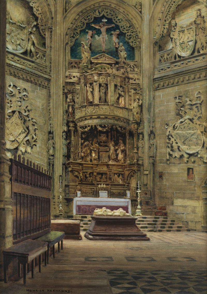 Interior of the cathedral with light filtering through stained glass by Heinrich Hermanns