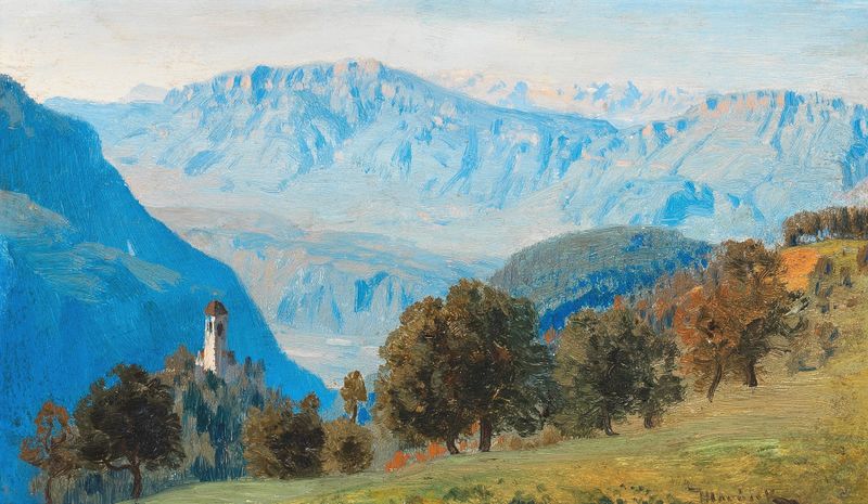 Vista de paisagem com colinas e céu, óleo sobre tela de Anton Hlavacek