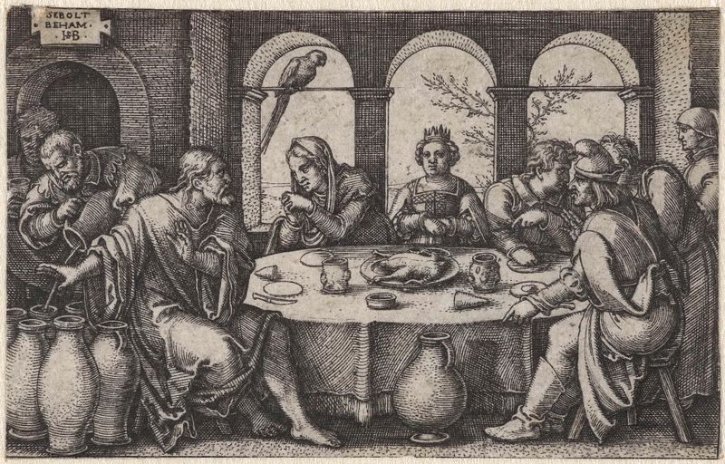 Grabado de Hans Sebald Beham que muestra una escena de boda con invitados alrededor de una mesa.