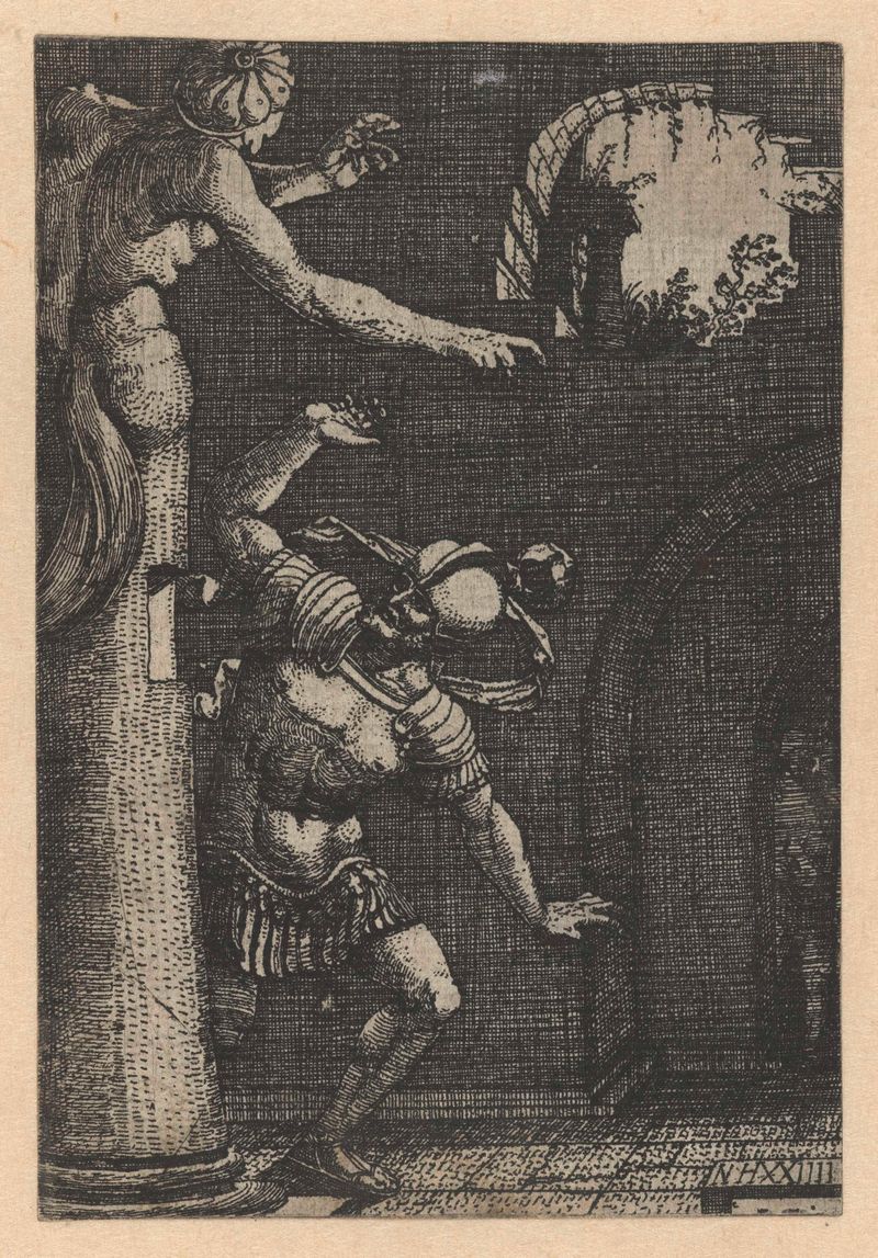 Oedipus en de sfinx, etching by Nicolaas Hogenberg, depicting Oedipus confronting the Sphinx.
