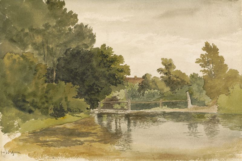 Reflections in a Wooded Pool by Robert Hills, Romanticism, depicting a tranquil pool surrounded by trees.