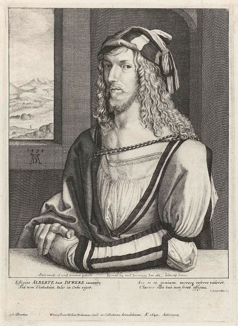 Etching by Wenceslaus Hollar depicting Albrecht Dürer with intricate line work.