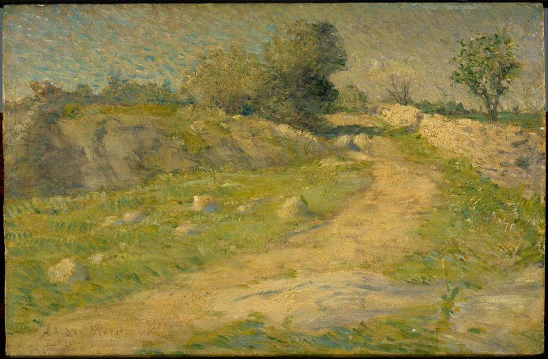 Oil painting by Julian Alden Weir depicting a path through trees and sunlight.