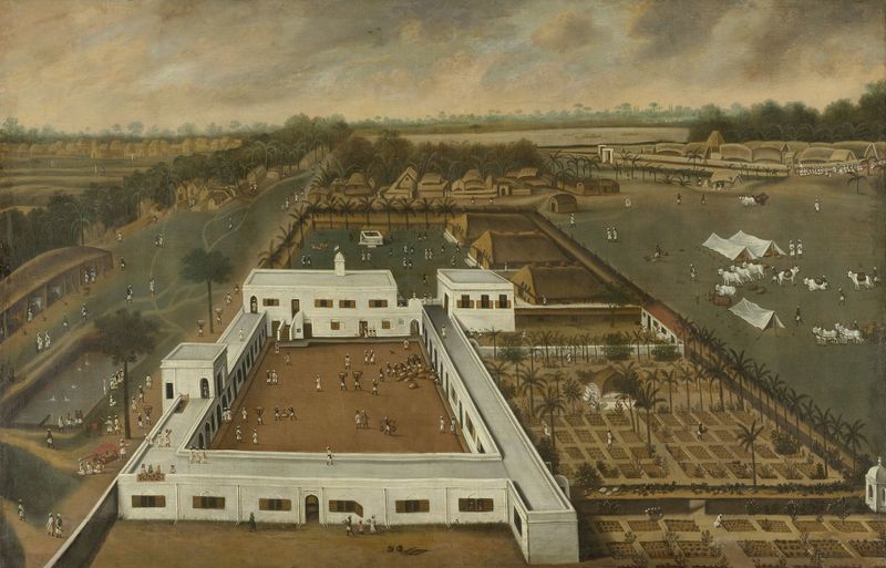 Dutch Plantation in Bengal by Hendrik van Schuylenburgh, oil painting depicting lush greenery and figures.