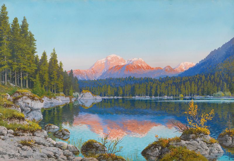 Landscape featuring a lake and mountains by Rudolf Reschreiter, oil painting