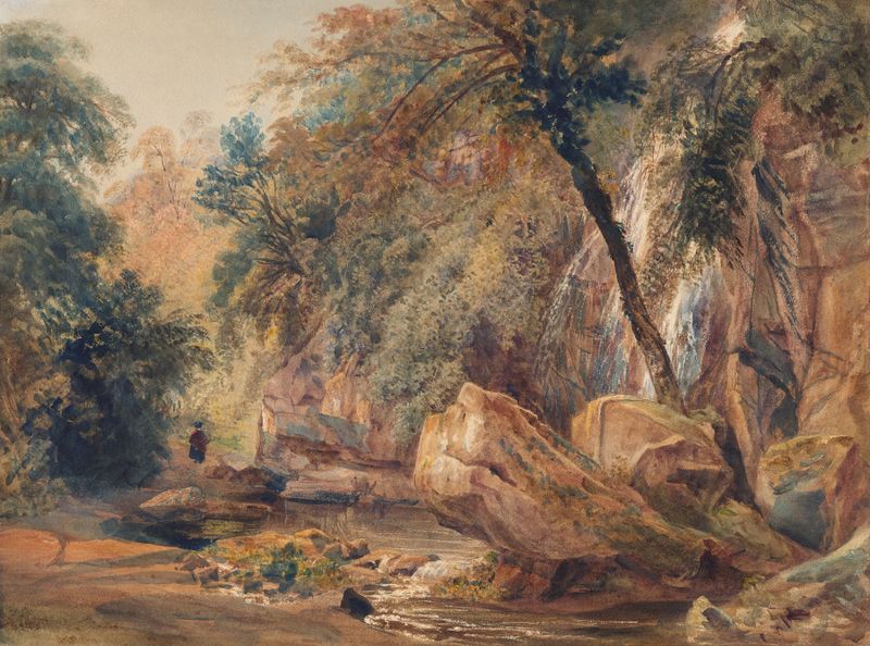 Waterfall in the Dingle at Badger Hall, oil painting by Peter De Wint