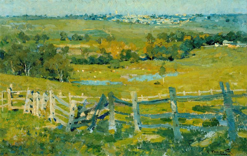 Pintura de paisagem a óleo de E Phillips Fox com um rio e vegetação exuberante