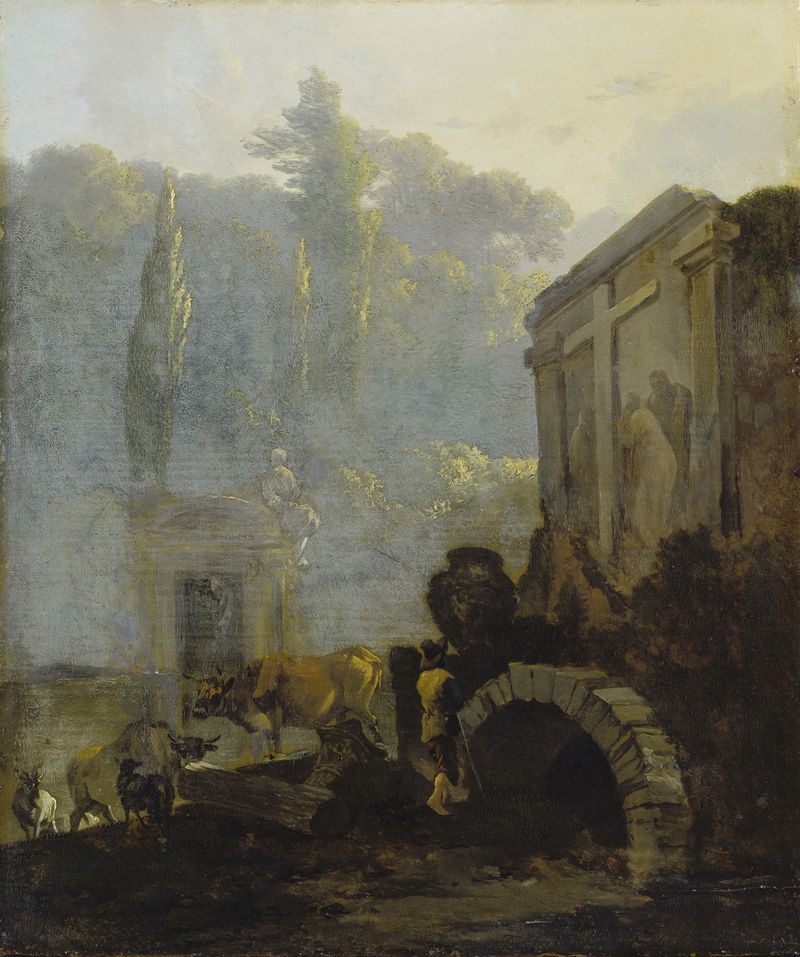 Italiano Cementerio de Adam Pynacker, paisaje con cementerio y monumentos, óleo