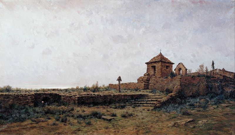 Landscape by Modest Urgell, oil painting depicting a serene nature scene with soft greens and warm pastels.