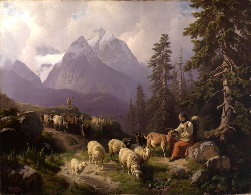 Pintura al óleo de Robert Eberle que representa un pueblo y montañas bajo luz dorada.