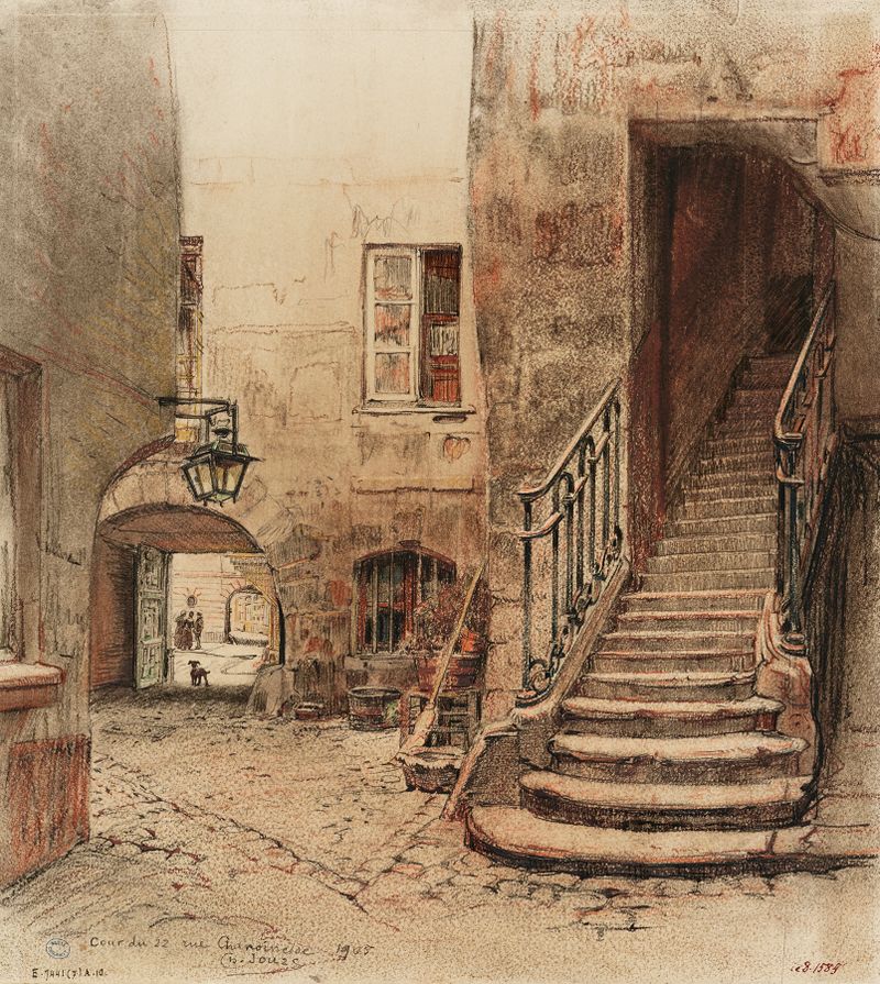 Acuarela de Charles Jouas que representa una escalera y un patio