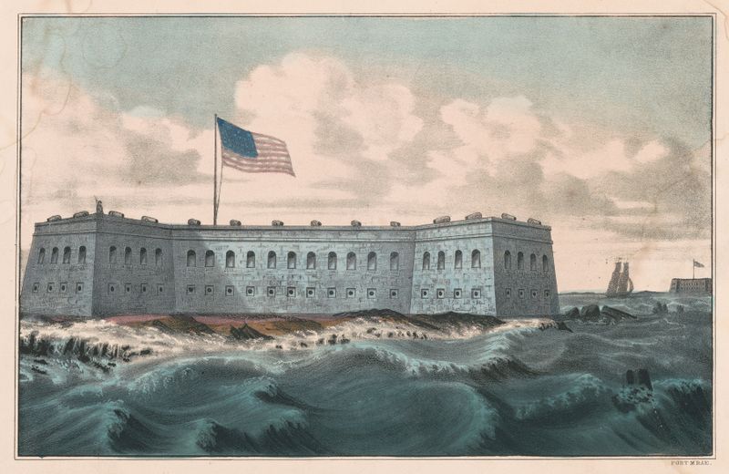 Fort Pickens ao pôr do sol sobre Pensacola Harbor, litografia de Currier & Ives