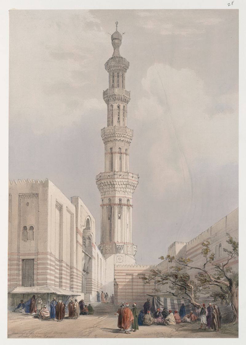 Litografia de David Roberts retratando um minarete de mesquita contra um céu azul