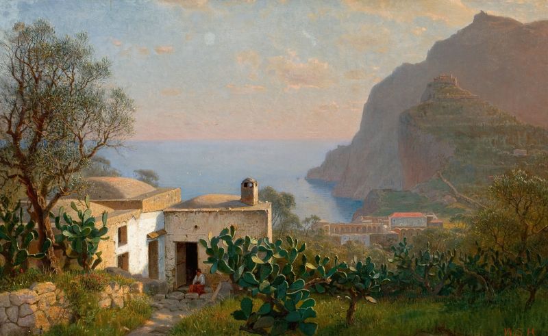 Capri Landscape de William Stanley Haseltine, óleo que muestra una vista costera serena.