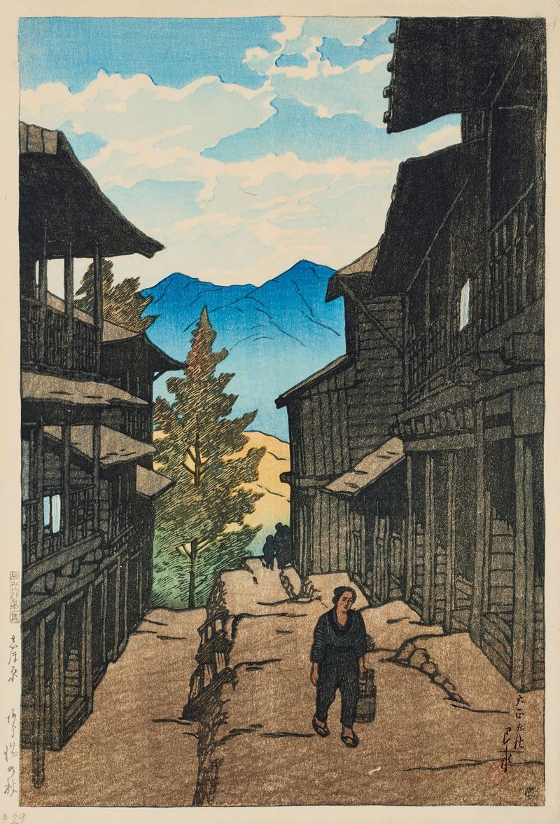 Ukiyo-e de Kawase Hasui retratando uma paisagem de outono com colinas e uma vila
