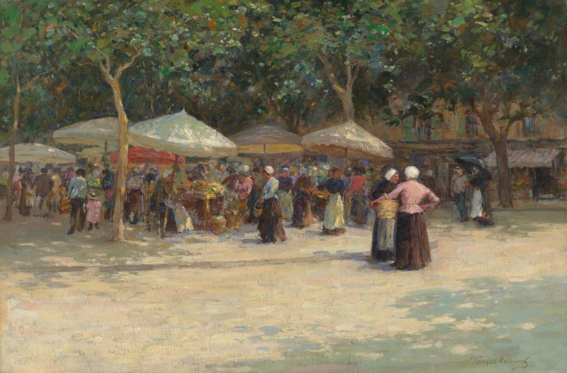 Genre scene depicting a market under trees by Terrick Williams, oil painting