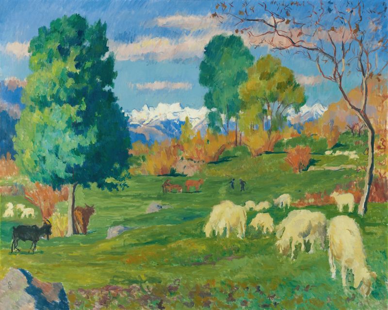 Autumnal Landscape by Giovanni Giacometti, oil painting depicting autumn colors in nature.