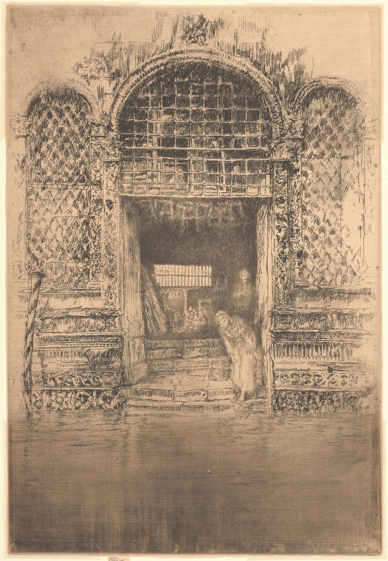 Cena interior com uma porta, ricos dourados e sombras, pintura a óleo de James Abbott McNeill Whistler