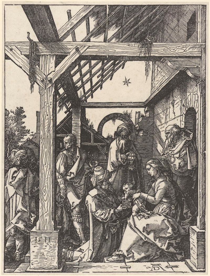 De aanbidding door de koningen, papel, Albrecht Dürer, três reis oferecendo tesouros