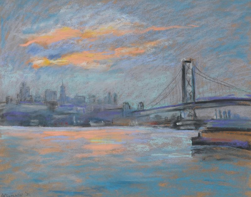 View of the Brooklyn Bridge, oil on canvas by Arthur Clifton Goodwin