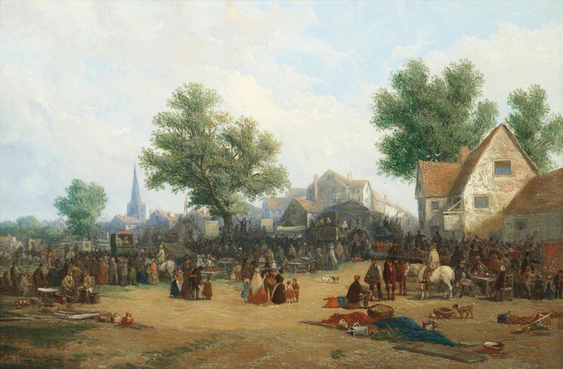 The Village Fair by James Holland, oil on canvas depicting a lively village scene with joyful figures