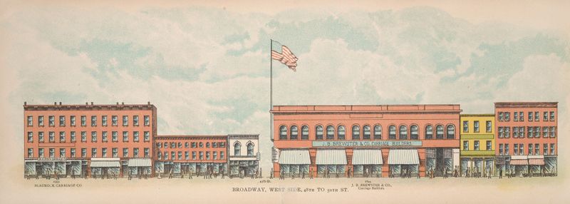 Arquitetura de Broadway, West Side de Mail & Express, 1899, retratando edifícios altos e um lampião.