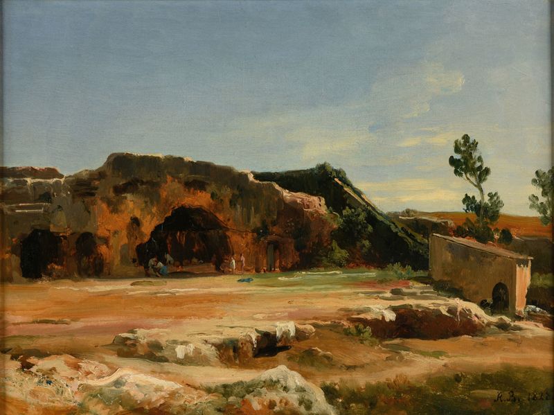 Grotte du Nymphée (Syracuse) oil painting by Jacques-Raymond Brascassat depicting a lush landscape.