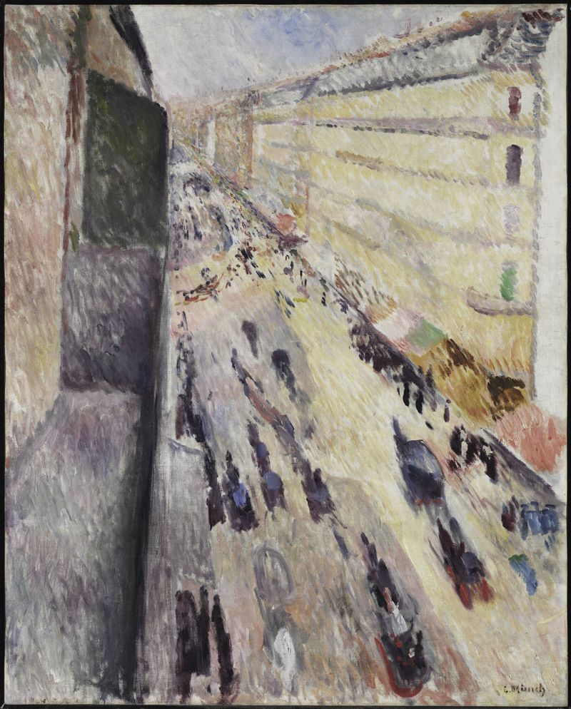 Rue de Rivoli de Edvard Munch, óleo sobre lienzo que representa figuras caminando por un bullicioso bulevar