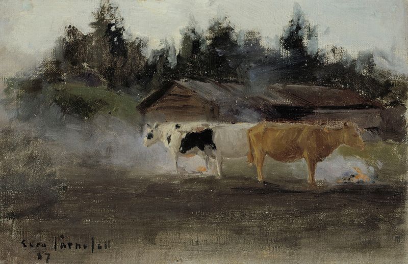 Vacas pastando en humo de turba, pintura al óleo de Eero Järnefelt
